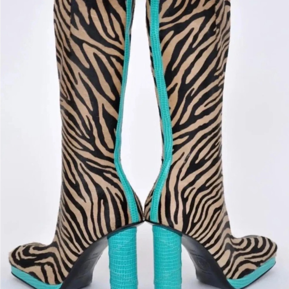 Versace  runway Zebra Print Boots with Turquoise Accents